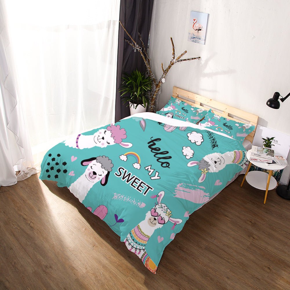 Teal Blue 2/3-Piece Cartoon Alpaca / Llama Print Duvet Cover Set - Image 2