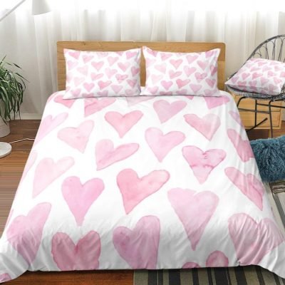 White 2/3-Piece Painted Pink Heart Pattern Duvet Cover Set