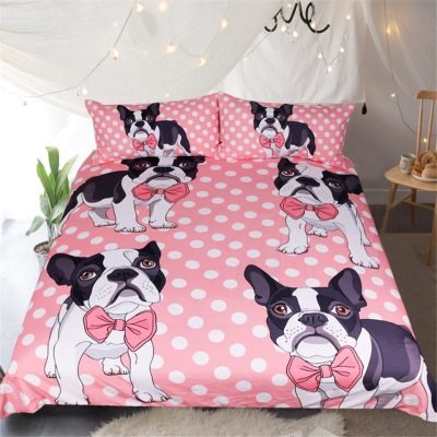 Pink 3-Piece Polka Dot Puppy Dog Duvet Cover Set
