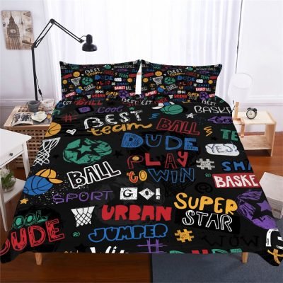 Black 2/3-Piece Basketball Doodle Print Duvet Cover Set