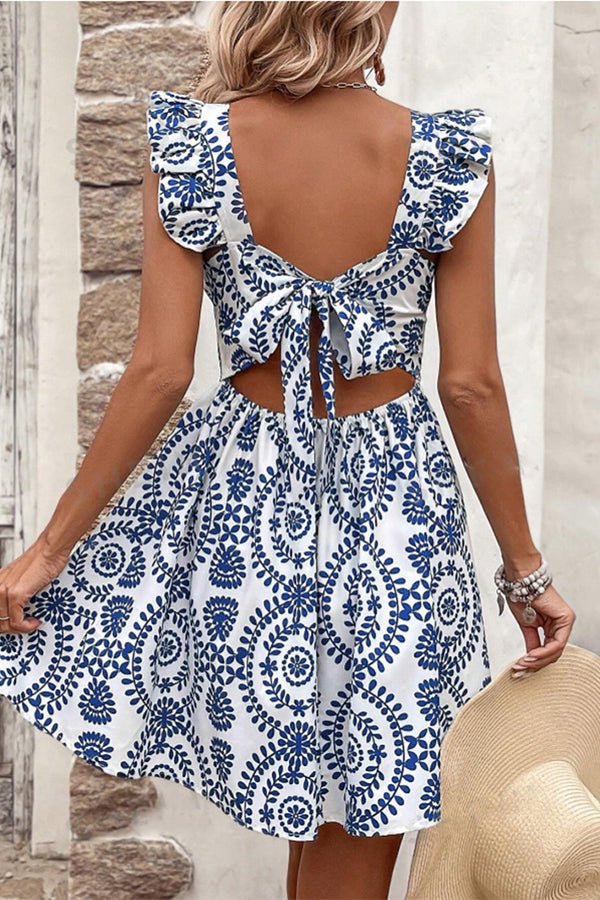 Fashion Printed Ruffle Sleeve Knot Back Mini Dress - Image 4