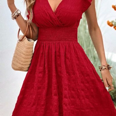Solid Color V Neck Ruffle Sleeve Mini Dress