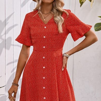 Fashion V Neck Floral Print Button Casual Dress