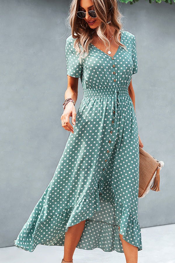 Dots Print High Waist V Neck Casual Dress - Image 3