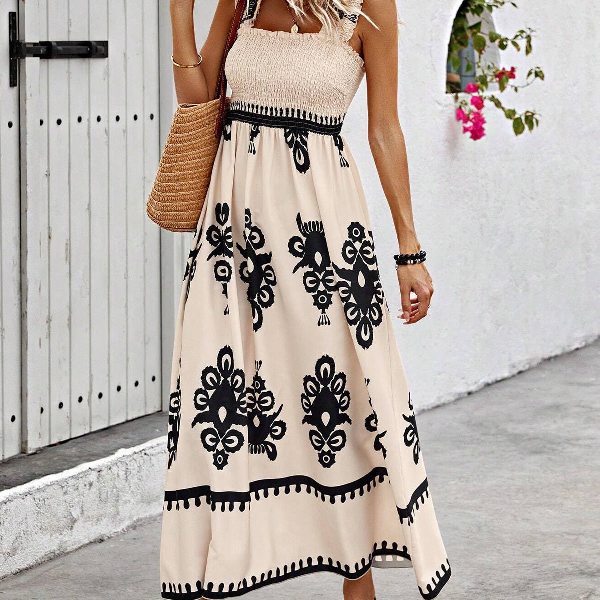 Fashion Printed Smocked Chest Holiday Style Dress - Image 5